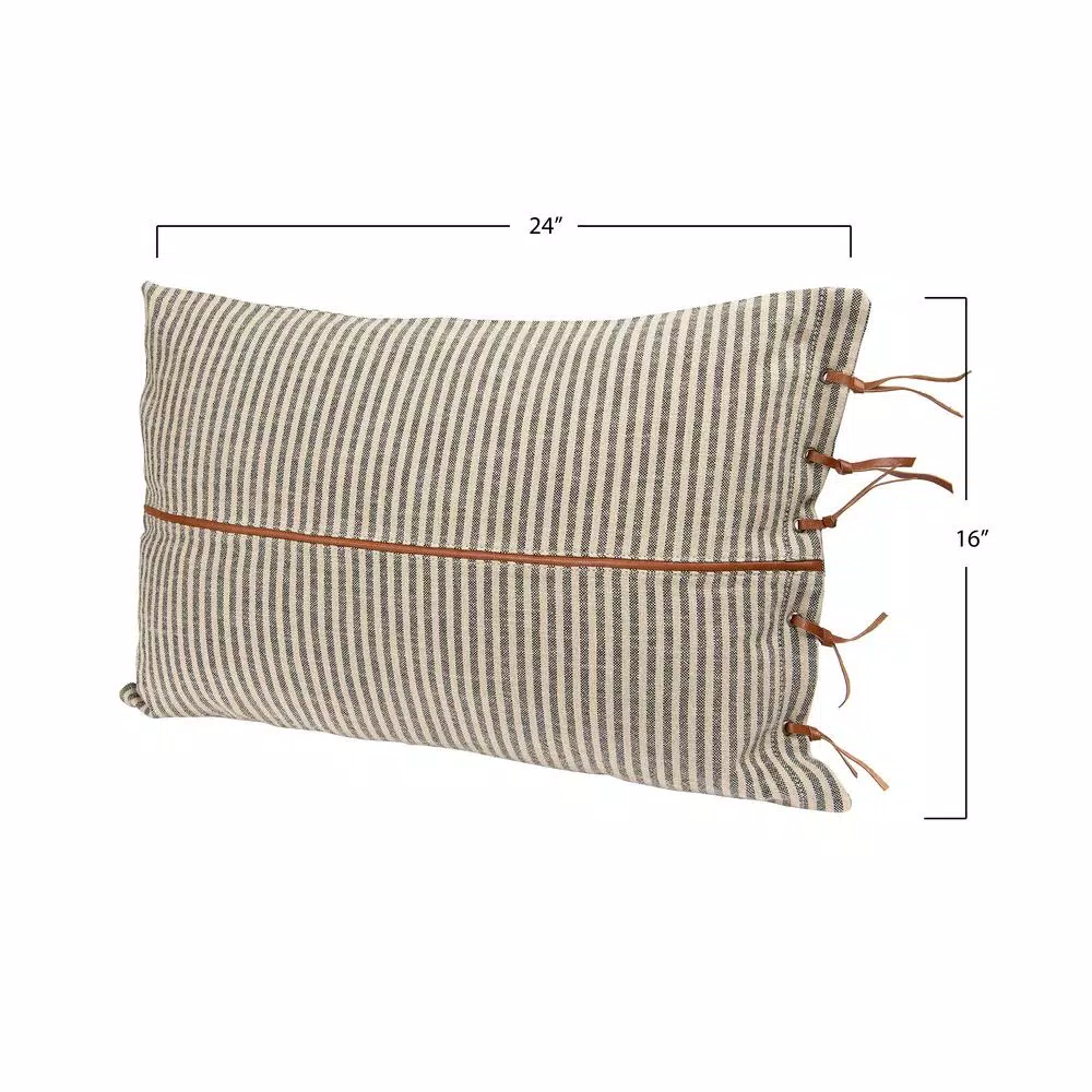 Throw Pillows 3R Studios Black & Beige Striped Cotton Ticking Lumbar With Leather Trim 24 In. X 16 In. Throw Pillow 7 Throw Pillows 3R Studios Black & Beige Striped Cotton Ticking Lumbar With Leather Trim 24 In. X 16 In. Throw Pillow - Image 5