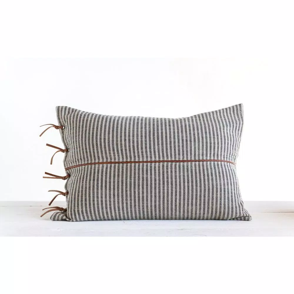 Throw Pillows 3R Studios Black & Beige Striped Cotton Ticking Lumbar With Leather Trim 24 In. X 16 In. Throw Pillow 5 Throw Pillows 3R Studios Black & Beige Striped Cotton Ticking Lumbar With Leather Trim 24 In. X 16 In. Throw Pillow - Image 3