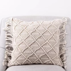 Throw Pillows Glitzhome 18 In. L X 18 In. W Hollow-Carved Handmade Cotton Rope Pillow Cover With Tassel