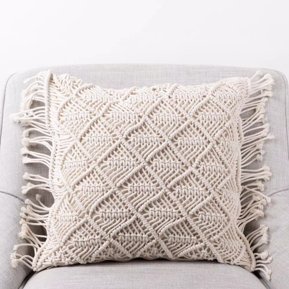 Throw Pillows Glitzhome 18 In. L X 18 In. W Hollow-Carved Handmade Cotton Rope Pillow Cover With Tassel 3 Throw Pillows Glitzhome 18 In. L X 18 In. W Hollow-Carved Handmade Cotton Rope Pillow Cover With Tassel