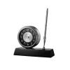 Table Clocks Bulova 5 In. H X 5.75 In. W Clock And Pen Desk Set With Black Wooden Base And Brushed Silver Accents