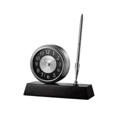 Table Clocks Bulova 5 In. H X 5.75 In. W Clock And Pen Desk Set With Black Wooden Base And Brushed Silver Accents