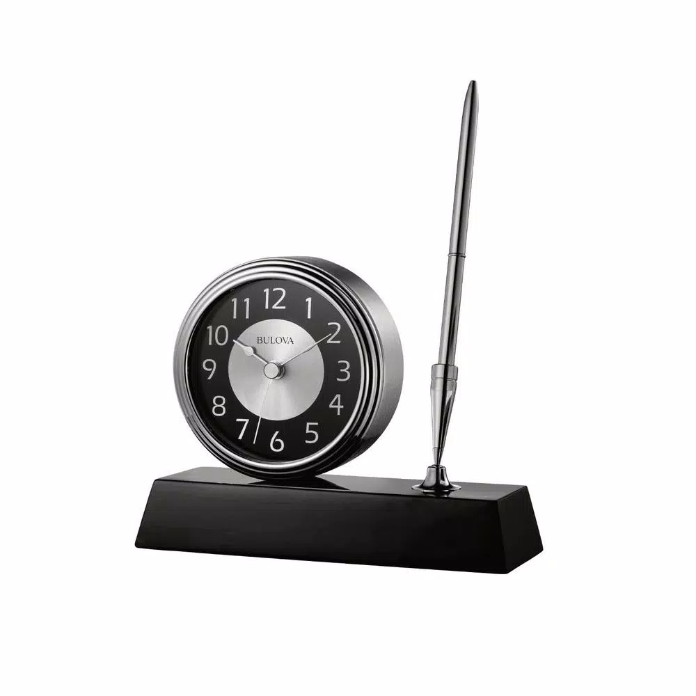 Table Clocks Bulova 5 In. H X 5.75 In. W Clock And Pen Desk Set With Black Wooden Base And Brushed Silver Accents 3 Table Clocks Bulova 5 In. H X 5.75 In. W Clock And Pen Desk Set With Black Wooden Base And Brushed Silver Accents