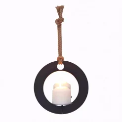 Wall Accents DANYA B Algarve Black Round Pillar Candle Sconce With Mirror And Rope
