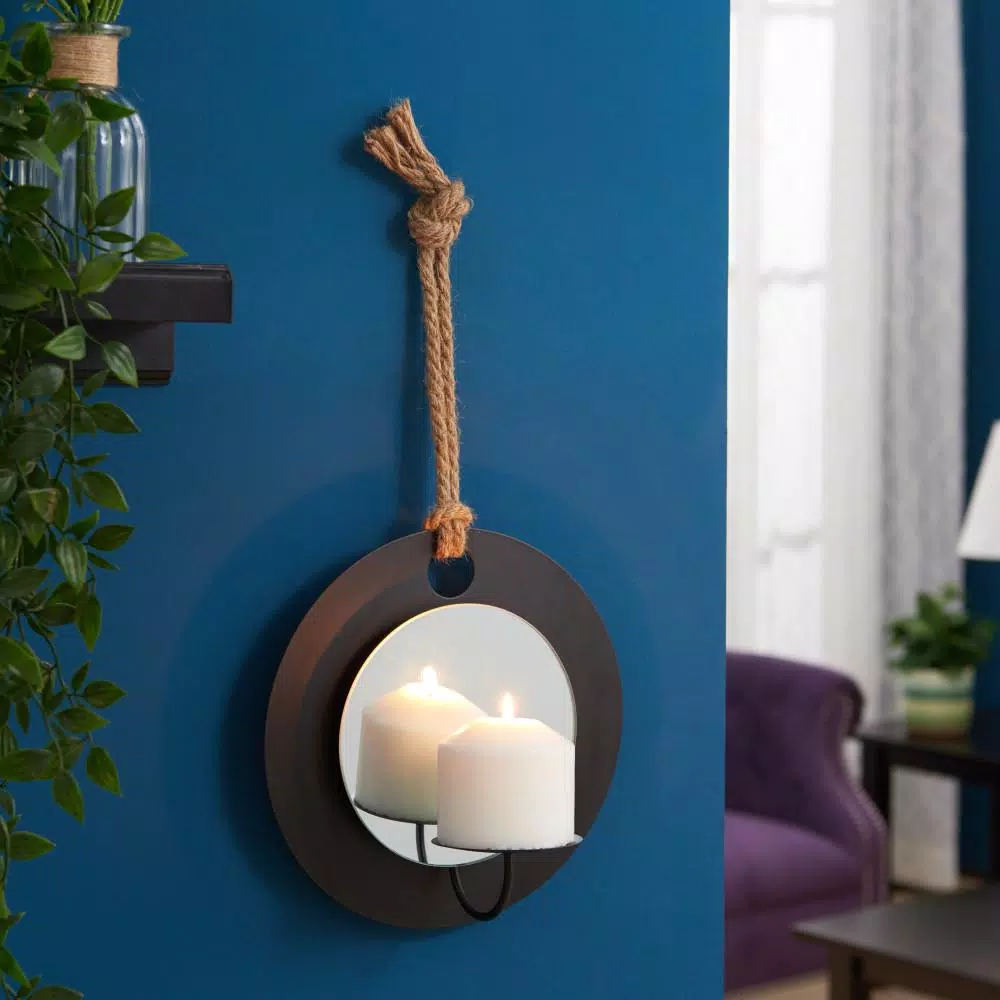 Wall Accents DANYA B Algarve Black Round Pillar Candle Sconce With Mirror And Rope 4 Wall Accents DANYA B Algarve Black Round Pillar Candle Sconce With Mirror And Rope - Image 2