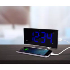 Table Clocks La Crosse Technology 1.8 In. Curved Blue LED Atomic Dual Alarm Clock -SAFAVIEH Shop black la crosse technology table clocks 617 249 44 1000
