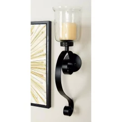 Wall Accents LITTON LANE 27 In. Wrought Iron Candle Sconce With Glass Hurricane Holder -SAFAVIEH Shop black litton lane candle holders 34564 31 1000