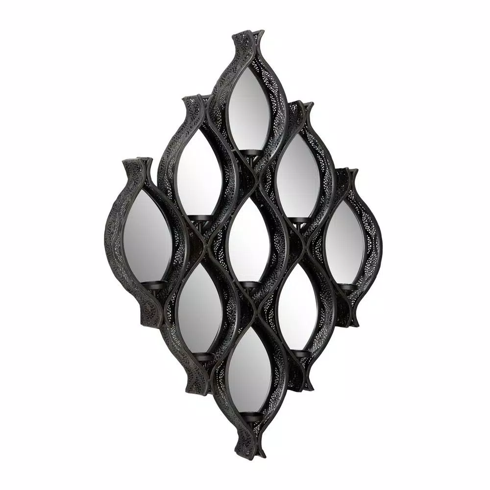 Wall Accents LITTON LANE Eclectic Large Black Diamond Mesh Metal Wall Sconce With Mirrors 3 Wall Accents LITTON LANE Eclectic Large Black Diamond Mesh Metal Wall Sconce With Mirrors