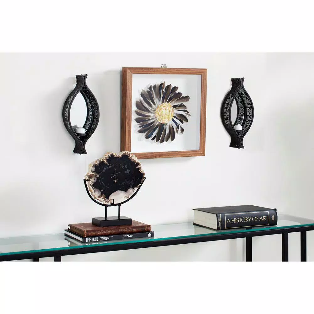 Wall Accents LITTON LANE Eclectic Ellipse-Shaped Black Mesh Metal Wall Sconces With Mirrors, Set Of 2 3 Wall Accents LITTON LANE Eclectic Ellipse-Shaped Black Mesh Metal Wall Sconces With Mirrors, Set Of 2