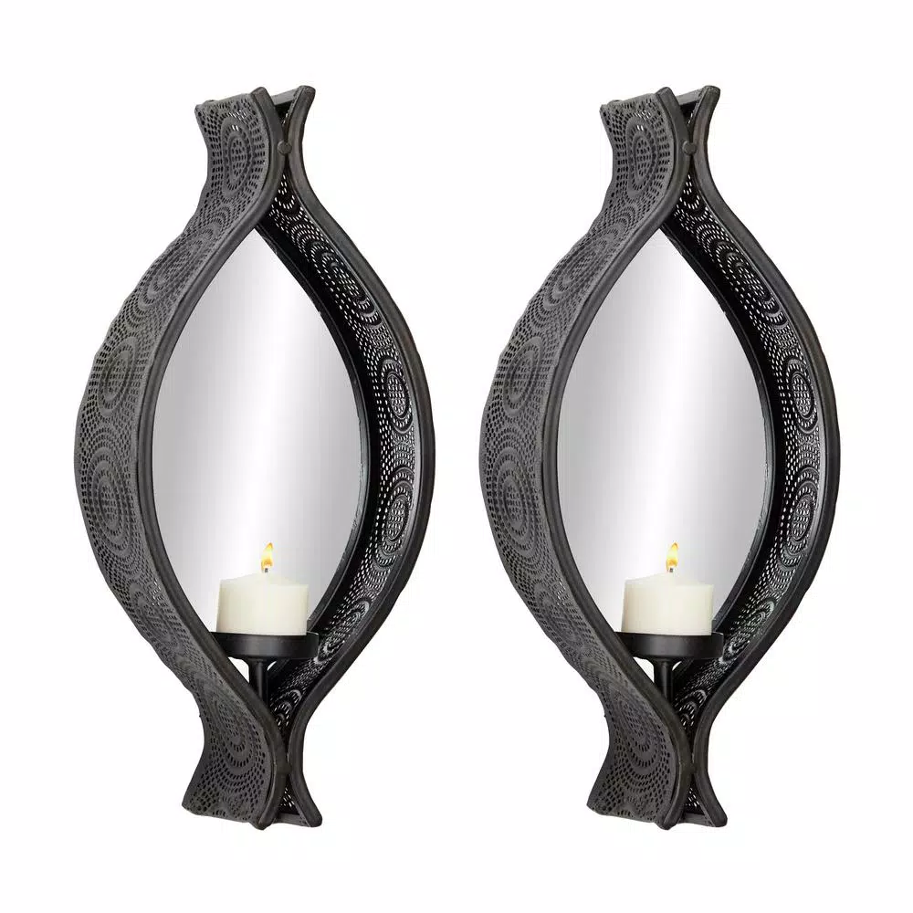 Wall Accents LITTON LANE Eclectic Ellipse-Shaped Black Mesh Metal Wall Sconces With Mirrors, Set Of 2 4 Wall Accents LITTON LANE Eclectic Ellipse-Shaped Black Mesh Metal Wall Sconces With Mirrors, Set Of 2 - Image 2