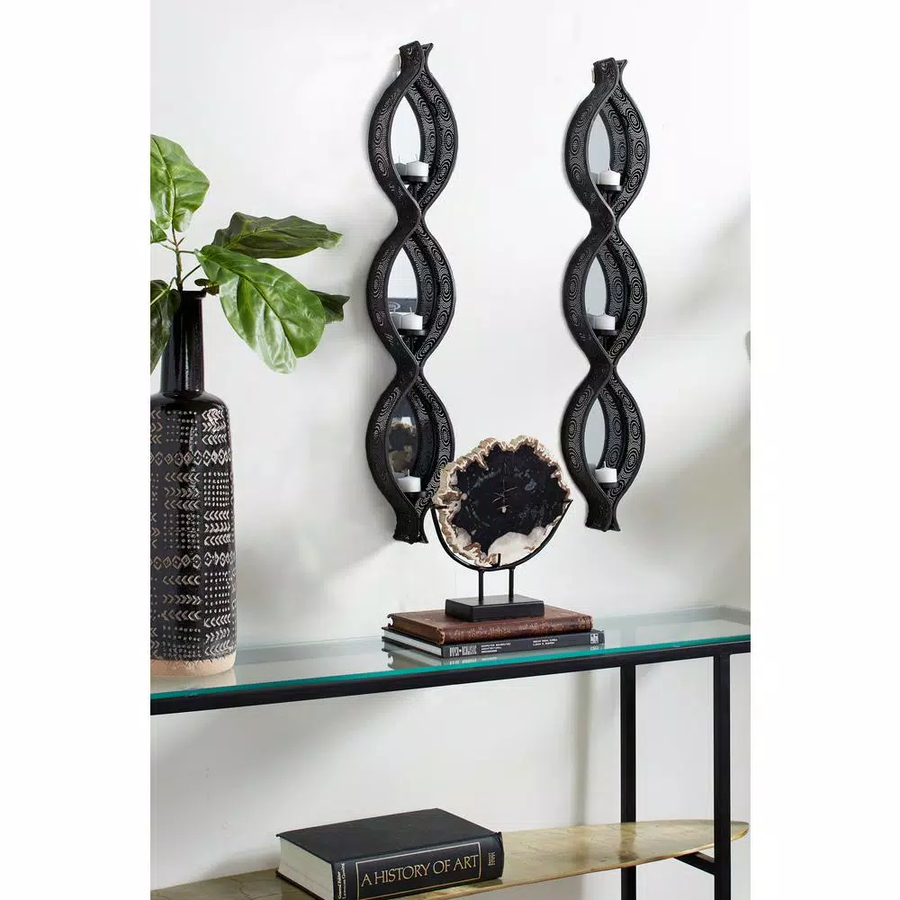 Wall Accents LITTON LANE Eclectic Ellipse-Shaped Black Mesh Metal Wall Sconces With Mirrors, Set Of 2 3 Wall Accents LITTON LANE Eclectic Ellipse-Shaped Black Mesh Metal Wall Sconces With Mirrors, Set Of 2