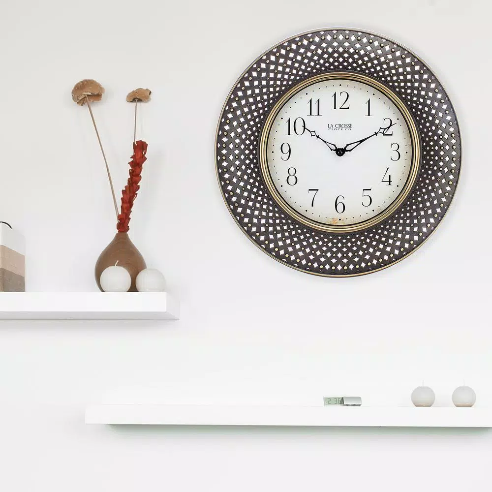 Wall Clocks La Crosse Technology 16 In. Antiqued Brown Lattice Round Analog Wall Clock 7 Wall Clocks La Crosse Technology 16 In. Antiqued Brown Lattice Round Analog Wall Clock - Image 5