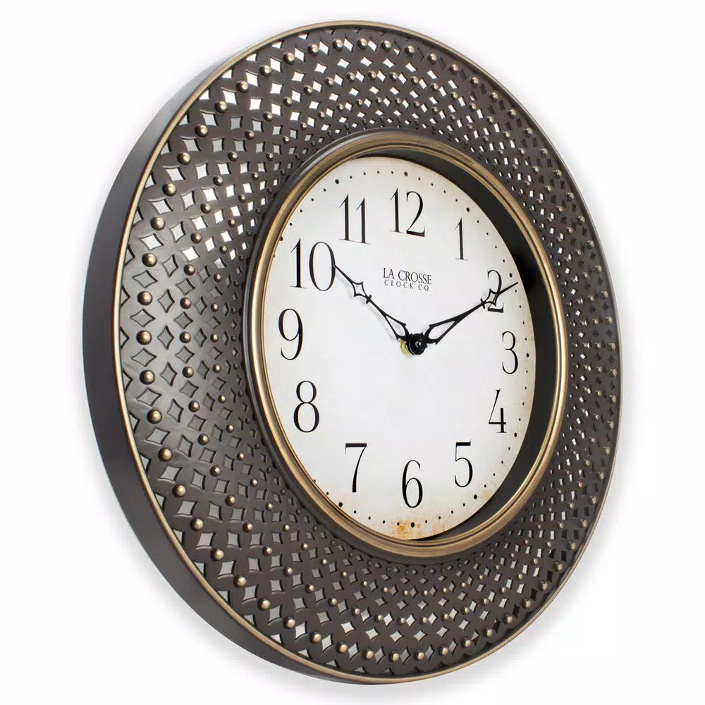Wall Clocks La Crosse Technology 16 In. Antiqued Brown Lattice Round Analog Wall Clock 5 Wall Clocks La Crosse Technology 16 In. Antiqued Brown Lattice Round Analog Wall Clock - Image 3