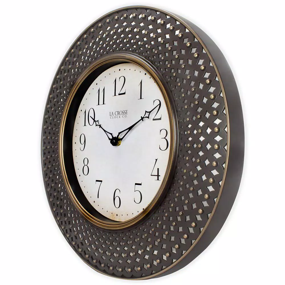 Wall Clocks La Crosse Technology 16 In. Antiqued Brown Lattice Round Analog Wall Clock 4 Wall Clocks La Crosse Technology 16 In. Antiqued Brown Lattice Round Analog Wall Clock - Image 2