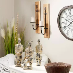 Wall Accents LITTON LANE Rectangular Industrial Black Metal And Natural Wood Wall Sconces, Set Of 2