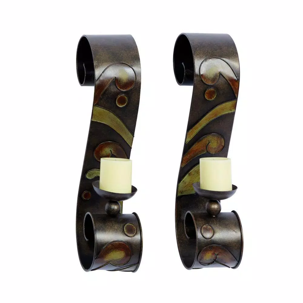 Wall Accents LITTON LANE 19 In. X 5 In. Scrolled Iron Candle Sconces With Metallic Brown Finish (Pair) 3 Wall Accents LITTON LANE 19 In. X 5 In. Scrolled Iron Candle Sconces With Metallic Brown Finish (Pair)