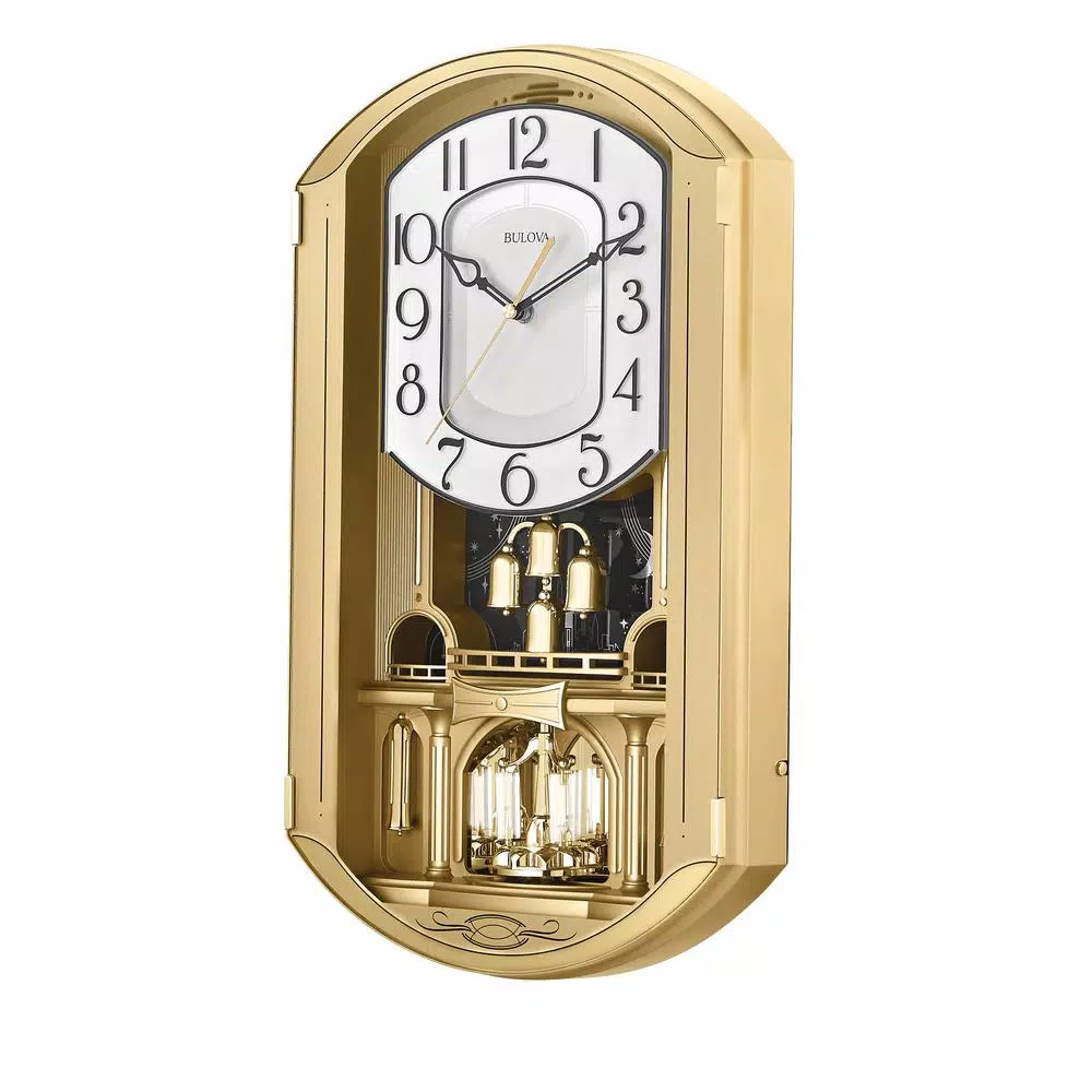 Wall Clocks Bulova Golden Music 20 In. W X 11.5 In. H Pendulum Wall Clock With Multiple Song Selections 3 Wall Clocks Bulova Golden Music 20 In. W X 11.5 In. H Pendulum Wall Clock With Multiple Song Selections