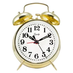 Table Clocks Equity By La Crosse Analog 4.5 In. Round Gold Metal Twin Bell Keywind Alarm Clock