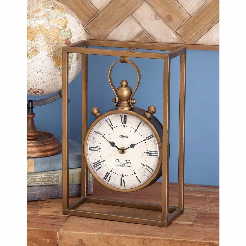 Table Clocks LITTON LANE 13 In. X 9 In. Round Iron Table Clock With Rectangular Iron Frame 3 Table Clocks LITTON LANE 13 In. X 9 In. Round Iron Table Clock With Rectangular Iron Frame
