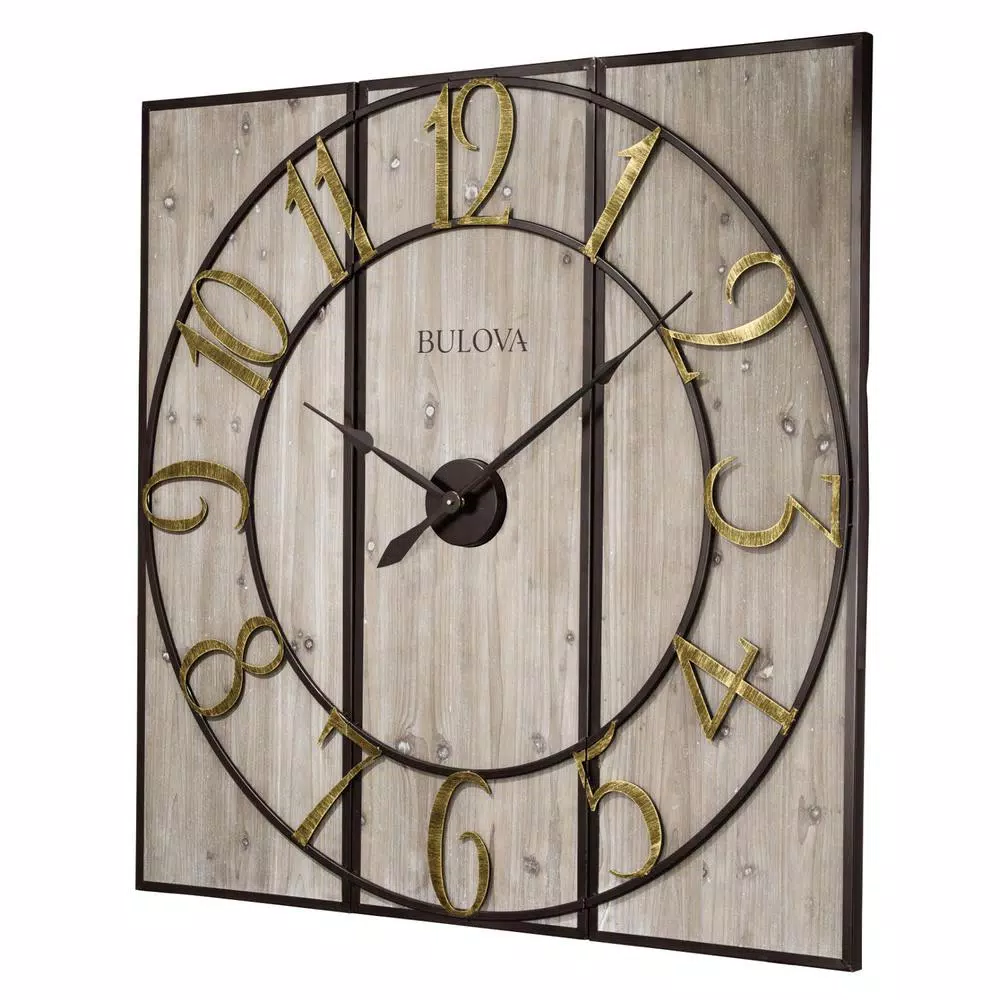 Wall Clocks Bulova Oversized 3-Panel Square Gallery Clock With A Weathered Wood 5 Wall Clocks Bulova Oversized 3-Panel Square Gallery Clock With A Weathered Wood - Image 3