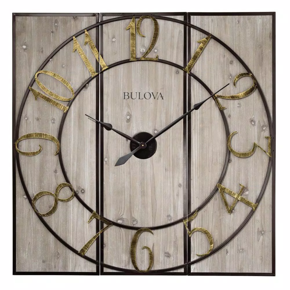 Wall Clocks Bulova Oversized 3-Panel Square Gallery Clock With A Weathered Wood 3 Wall Clocks Bulova Oversized 3-Panel Square Gallery Clock With A Weathered Wood