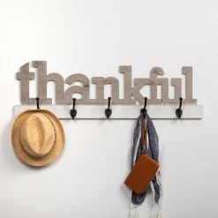 Wall Signs Pinnacle Rustic Thankful Gray Wood Decorative Sign With Hooks