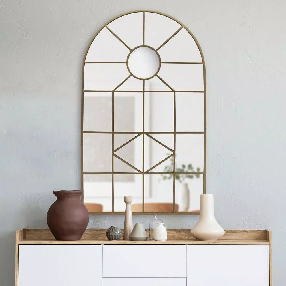 Wall Mirrors Home Decorators Collection Medium Arched Gold Windowpane Classic Accent Mirror (39 In. H X 24 In. W) 6 Wall Mirrors Home Decorators Collection Medium Arched Gold Windowpane Classic Accent Mirror (39 In. H X 24 In. W) - Image 4