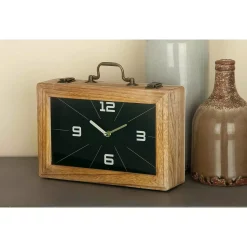 Table Clocks LITTON LANE 8 In. X 12 In. Vintage Brown And Black Rectangular Wooden Clock Box