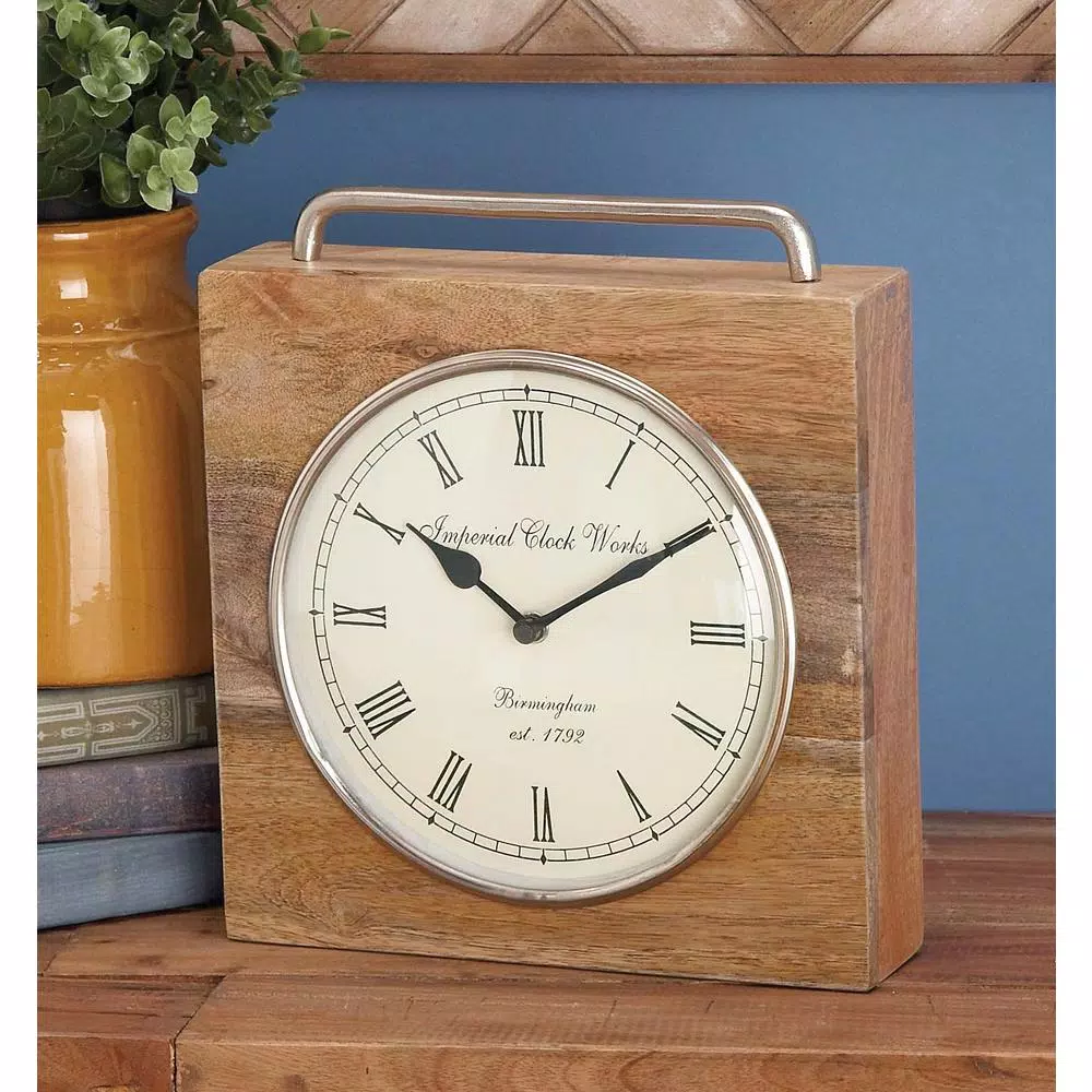 Table Clocks LITTON LANE 11 In. X 10 In. Rustic Wood And Iron Brown Square Table Clock 3 Table Clocks LITTON LANE 11 In. X 10 In. Rustic Wood And Iron Brown Square Table Clock