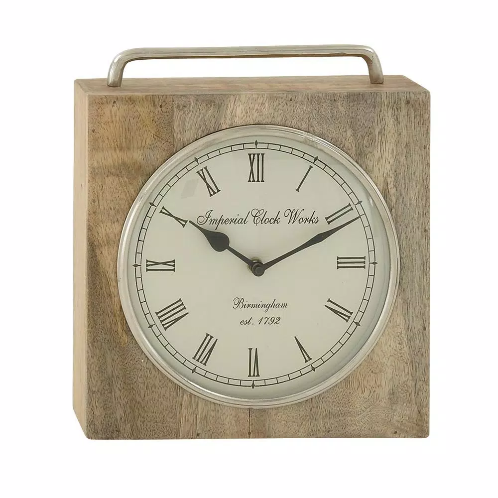 Table Clocks LITTON LANE 11 In. X 10 In. Rustic Wood And Iron Brown Square Table Clock 4 Table Clocks LITTON LANE 11 In. X 10 In. Rustic Wood And Iron Brown Square Table Clock - Image 2