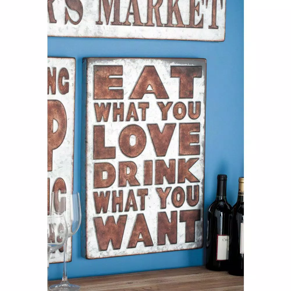 Wall Signs LITTON LANE 14 In. X 21 In. Pop Arts “Eat What You Love” Brown Metal Wall Sign 3 Wall Signs LITTON LANE 14 In. X 21 In. Pop Arts “Eat What You Love” Brown Metal Wall Sign
