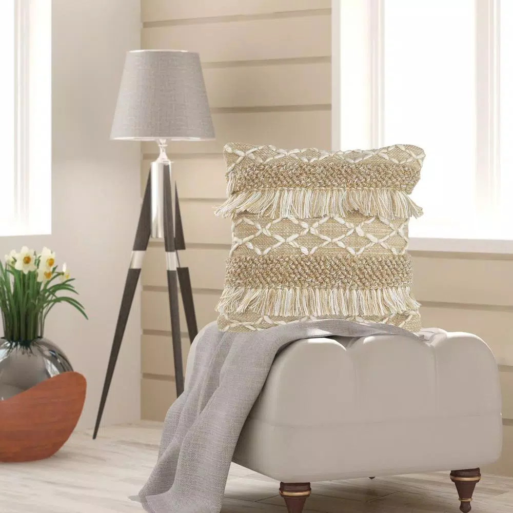 Throw Pillows LR Home 20 In. X 20 In. Rustic Beige/White Neutral Fringe Geometric Standard Throw Pillow 5 Throw Pillows LR Home 20 In. X 20 In. Rustic Beige/White Neutral Fringe Geometric Standard Throw Pillow - Image 4