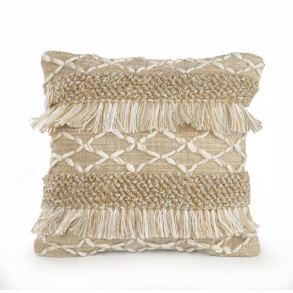 Throw Pillows LR Home 20 In. X 20 In. Rustic Beige/White Neutral Fringe Geometric Standard Throw Pillow 2 Throw Pillows LR Home 20 In. X 20 In. Rustic Beige/White Neutral Fringe Geometric Standard Throw Pillow