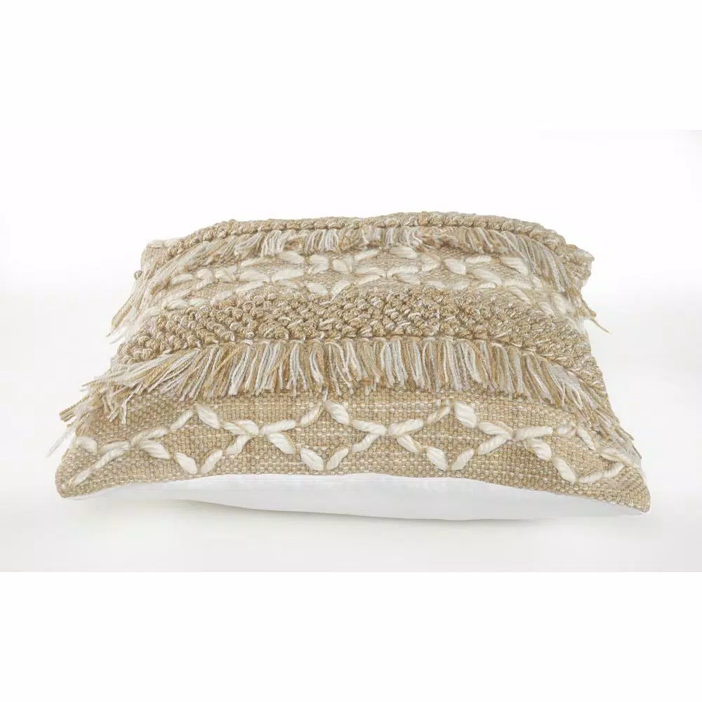 Throw Pillows LR Home 20 In. X 20 In. Rustic Beige/White Neutral Fringe Geometric Standard Throw Pillow 3 Throw Pillows LR Home 20 In. X 20 In. Rustic Beige/White Neutral Fringe Geometric Standard Throw Pillow - Image 2