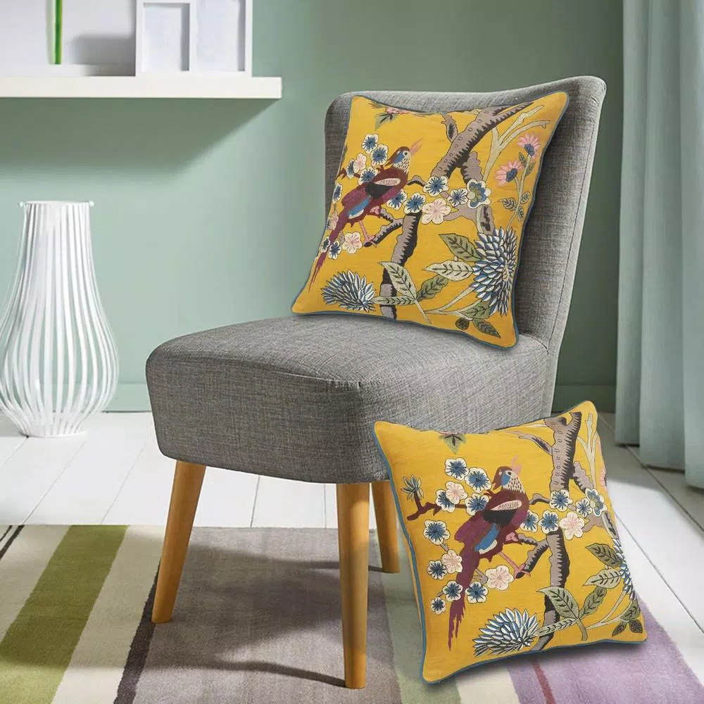 Throw Pillows LR Home Scenic Yellow Floral Birds Soft Poly-Fill 20in. X 20 In. Throw Pillow 9 Throw Pillows LR Home Scenic Yellow Floral Birds Soft Poly-Fill 20in. X 20 In. Throw Pillow - Image 7