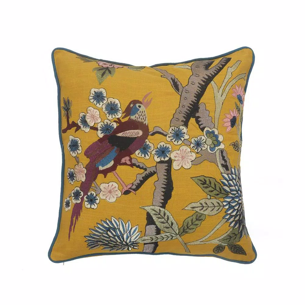 Throw Pillows LR Home Scenic Yellow Floral Birds Soft Poly-Fill 20in. X 20 In. Throw Pillow 3 Throw Pillows LR Home Scenic Yellow Floral Birds Soft Poly-Fill 20in. X 20 In. Throw Pillow