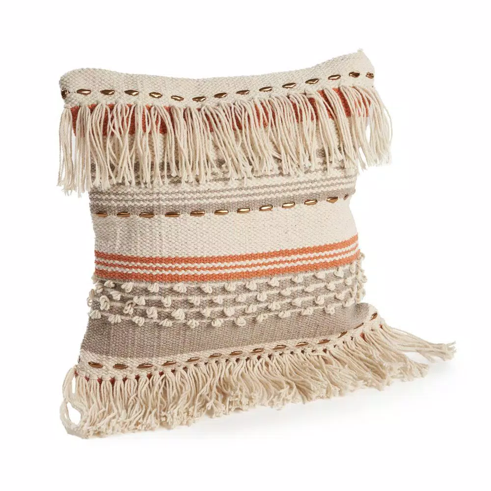 Throw Pillows LR Resources Chic Fringe Beige Striped Hypoallergenic Polyester 18 In. X 18 In. Throw Pillow 7 Throw Pillows LR Resources Chic Fringe Beige Striped Hypoallergenic Polyester 18 In. X 18 In. Throw Pillow - Image 5
