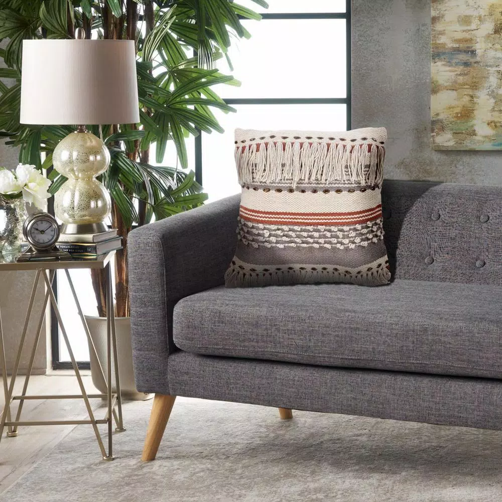 Throw Pillows LR Resources Chic Fringe Beige Striped Hypoallergenic Polyester 18 In. X 18 In. Throw Pillow 8 Throw Pillows LR Resources Chic Fringe Beige Striped Hypoallergenic Polyester 18 In. X 18 In. Throw Pillow - Image 6