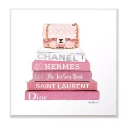 Wall Signs Stupell Industries 12 In. X 12 In. “Pink Book Stack Fashion Handbag” By Amanda Greenwood Printed Wood Wall Art