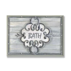 Wall Signs Stupell Industries 12.5 In. X 18.5 In. “Bath Grey Bead Board With Scroll Plaque Bathroom” By Bonnie Wrublesky Printed Wood Wall Art