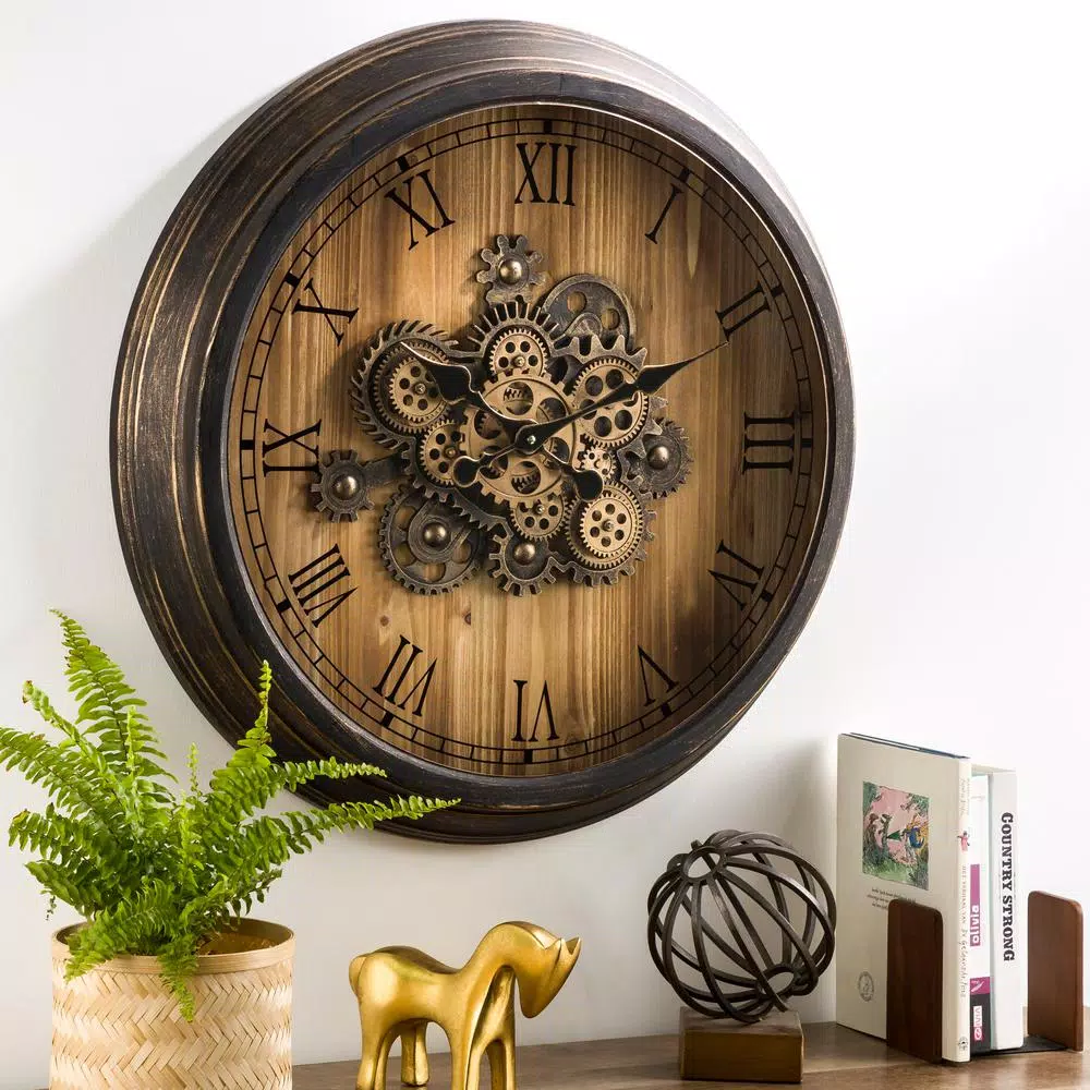 Wall Clocks Glitzhome 27.76 In. D Vintage Industrial Oversized Wooden/Metal Wall Clock With Moving Gears 11 Wall Clocks Glitzhome 27.76 In. D Vintage Industrial Oversized Wooden/Metal Wall Clock With Moving Gears - Image 9