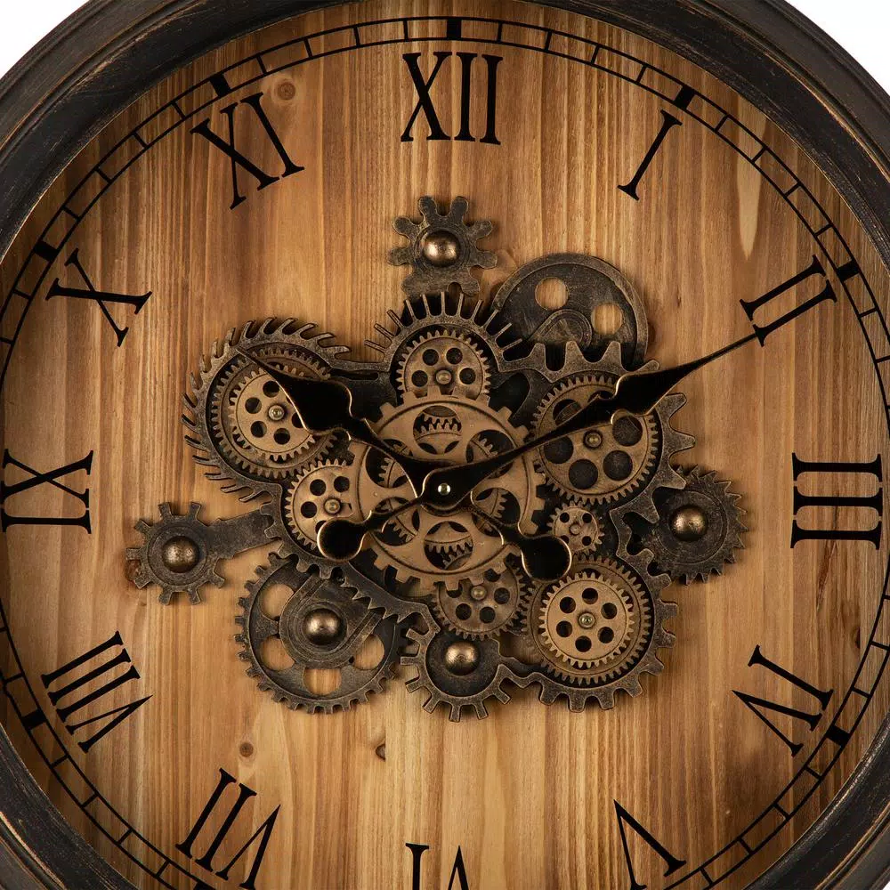 Wall Clocks Glitzhome 27.76 In. D Vintage Industrial Oversized Wooden/Metal Wall Clock With Moving Gears 5 Wall Clocks Glitzhome 27.76 In. D Vintage Industrial Oversized Wooden/Metal Wall Clock With Moving Gears - Image 3
