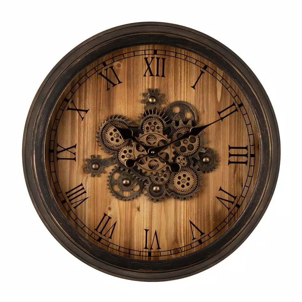 Wall Clocks Glitzhome 27.76 In. D Vintage Industrial Oversized Wooden/Metal Wall Clock With Moving Gears 3 Wall Clocks Glitzhome 27.76 In. D Vintage Industrial Oversized Wooden/Metal Wall Clock With Moving Gears