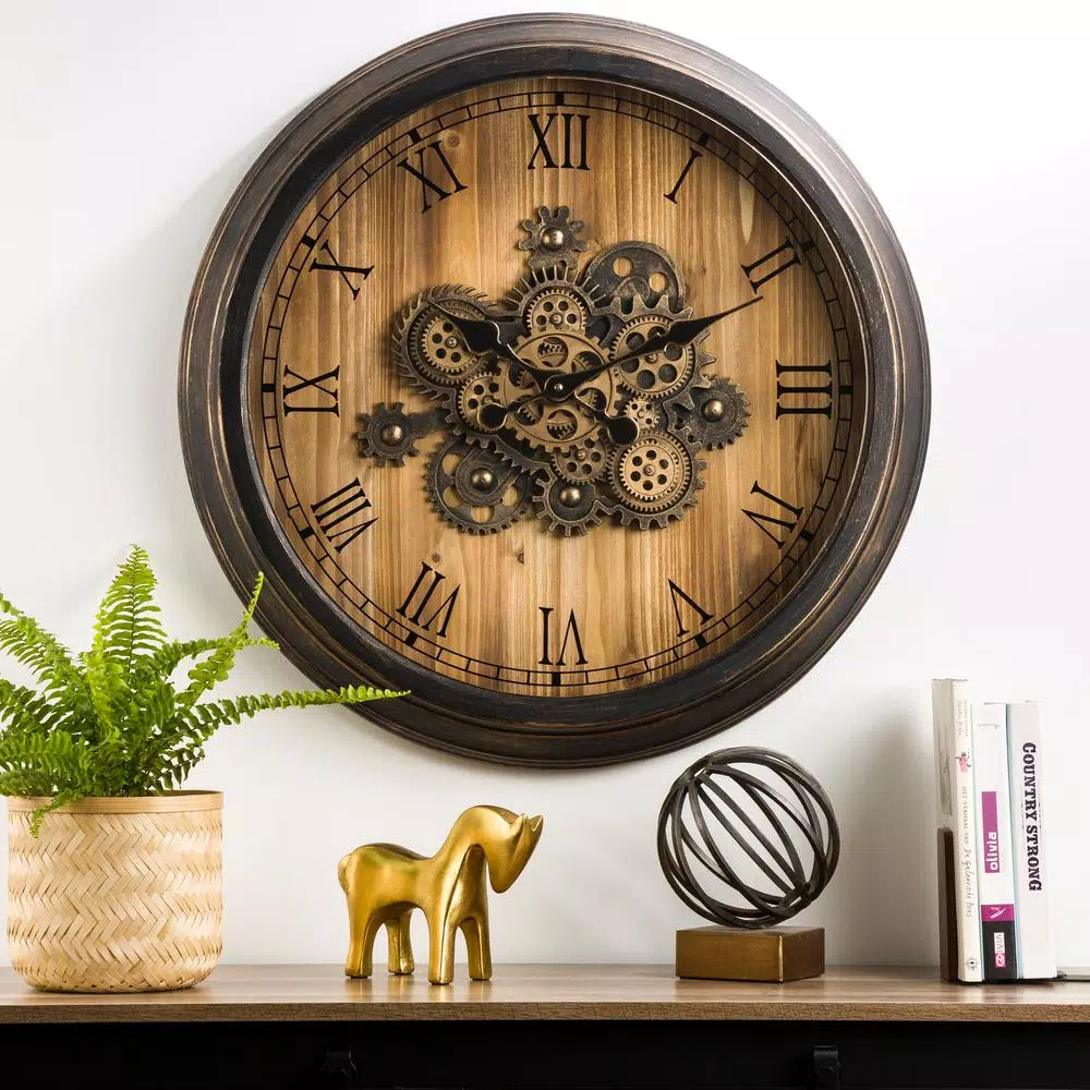 Wall Clocks Glitzhome 27.76 In. D Vintage Industrial Oversized Wooden/Metal Wall Clock With Moving Gears 9 Wall Clocks Glitzhome 27.76 In. D Vintage Industrial Oversized Wooden/Metal Wall Clock With Moving Gears - Image 7