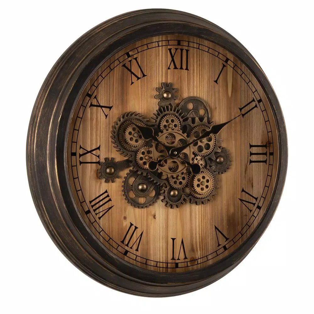 Wall Clocks Glitzhome 27.76 In. D Vintage Industrial Oversized Wooden/Metal Wall Clock With Moving Gears 4 Wall Clocks Glitzhome 27.76 In. D Vintage Industrial Oversized Wooden/Metal Wall Clock With Moving Gears - Image 2