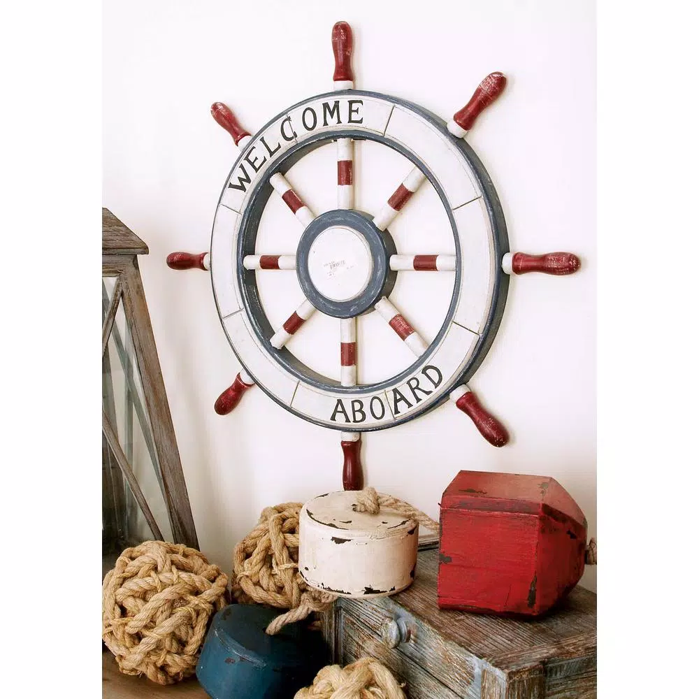 Wall Signs LITTON LANE 23 In. Dia Nautical Welcome Aboard Wooden Ship Wheel 3 Wall Signs LITTON LANE 23 In. Dia Nautical Welcome Aboard Wooden Ship Wheel