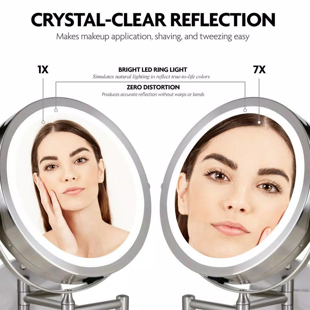 Wall Mirrors Ovente 13.2 In. H X 1.6 In. W, Small Round Nickel Brushed Lighted Framed Modern Vanity Mirror, 1x 7x Magnification 4 Wall Mirrors Ovente 13.2 In. H X 1.6 In. W, Small Round Nickel Brushed Lighted Framed Modern Vanity Mirror, 1x 7x Magnification - Image 2