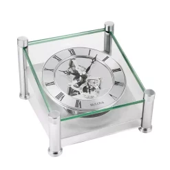Table Clocks Bulova Solid Brushed Silver Metal Case With Skeleton Movement Table Clock