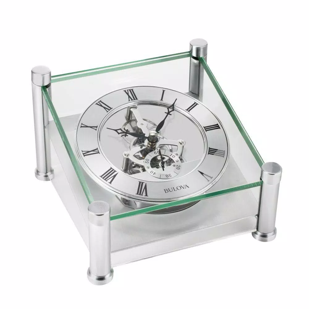 Table Clocks Bulova Solid Brushed Silver Metal Case With Skeleton Movement Table Clock 3 Table Clocks Bulova Solid Brushed Silver Metal Case With Skeleton Movement Table Clock