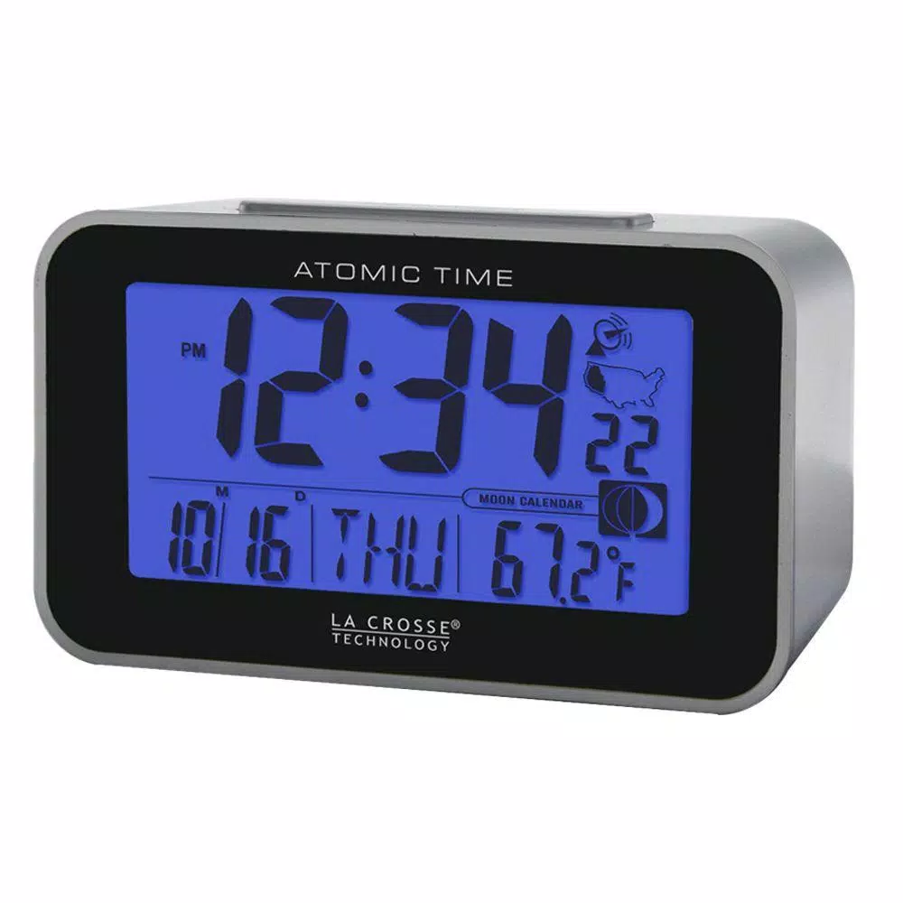Table Clocks La Crosse Technology Atomic 4.76 In. X 3.12 In. Temperature And Moon Phase Black/Silver Digital Alarm Table Clock 4 Table Clocks La Crosse Technology Atomic 4.76 In. X 3.12 In. Temperature And Moon Phase Black/Silver Digital Alarm Table Clock - Image 2